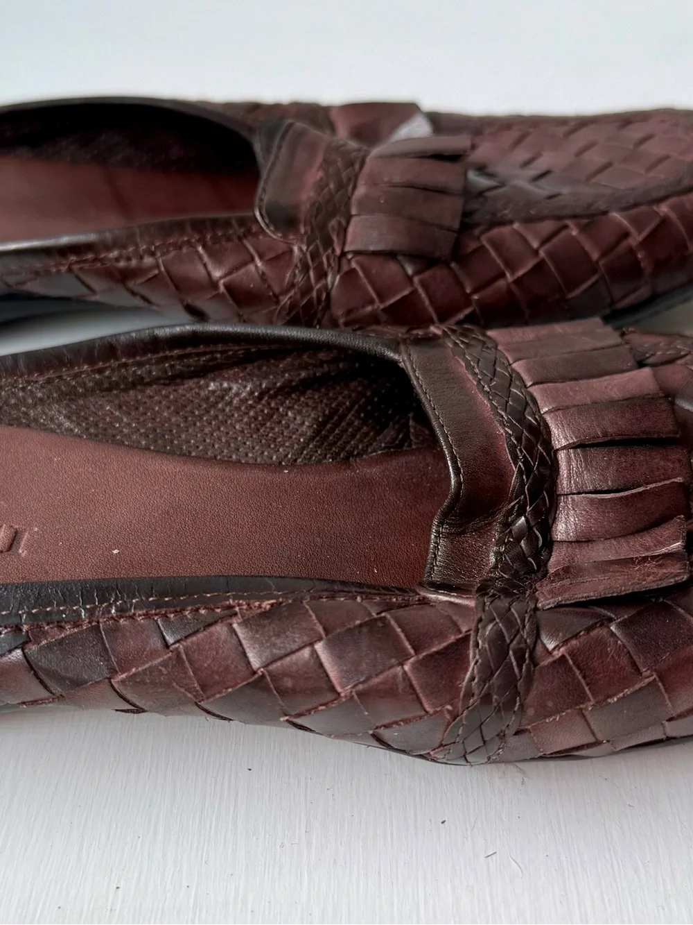 Sesto Meucci Dark Brown Woven Leather Tassel Loafers